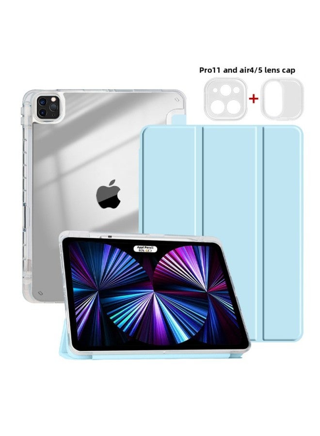 Suitable For IPad Protective Case Acrylic Tri-fold Y Folding Pen Slot Leather Case Air5 10 Generation Pro12.9 Protective Case-Color:White Ice Blue 【Transparent Three Fold】】-Applicable Model:iPad Air3/Pro 10.5 Inch